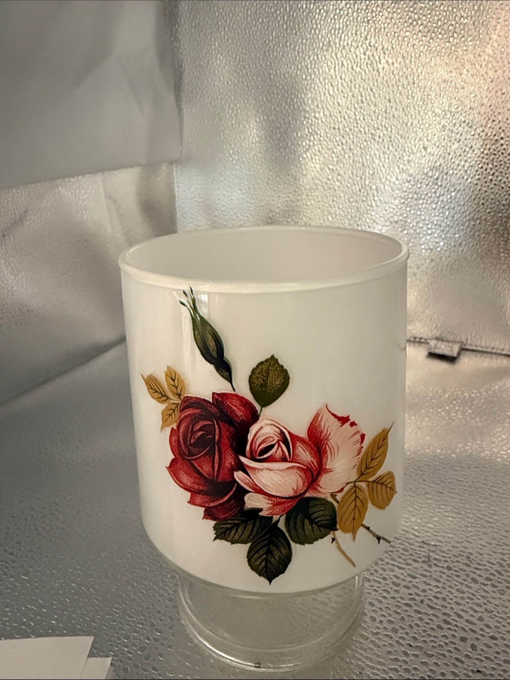 Vintage frosted Glass Pedestal Vase with Rose Motif